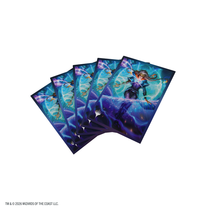 Load image into Gallery viewer, Magic: The Gathering | Reality Fracture Premium Art Sleeves - Entrust the Spark - View of fan of card sleeves featuring art of a person casting a spell with the Magic the Gathering logo in the corner.
