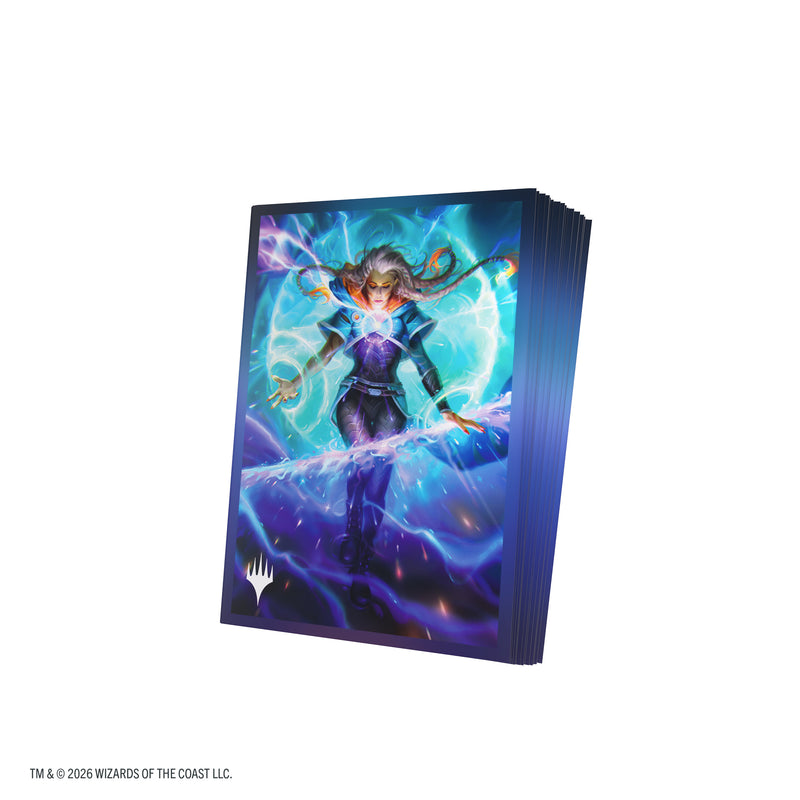 Load image into Gallery viewer, Magic: The Gathering | Reality Fracture Premium Art Sleeves - Entrust the Spark - View of stack of card sleeves featuring art of a person casting a spell with the Magic the Gathering logo in the corner.
