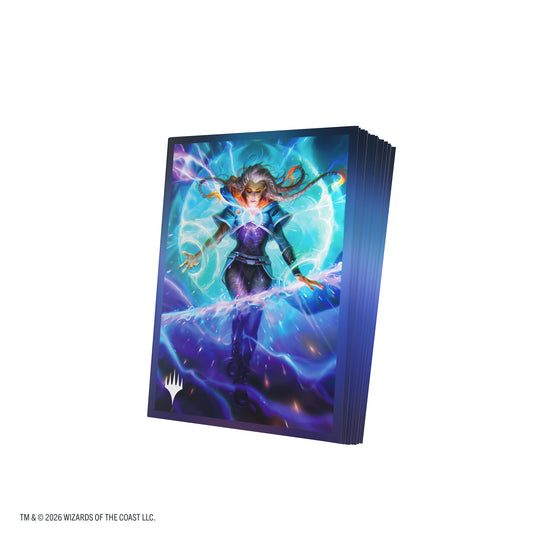 Magic: The Gathering | Reality Fracture Premium Art Sleeves - Entrust the Spark - View of stack of card sleeves featuring art of a person casting a spell with the Magic the Gathering logo in the corner.