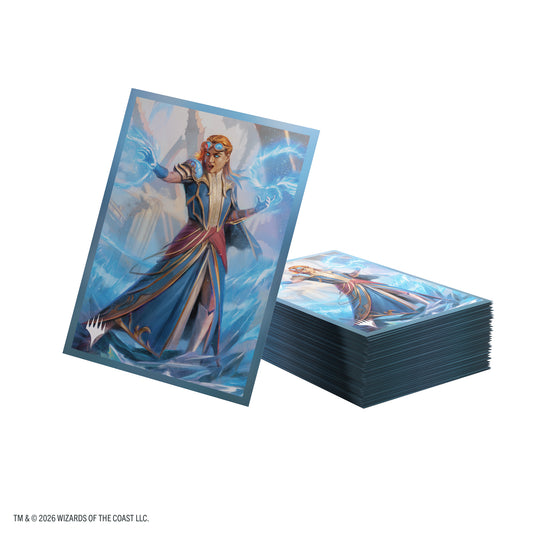 Magic: The Gathering | Reality Fracture Premium Art Sleeves - Chandra, Chill of Compliance - View of stack of card sleeves featuring art of Chandra with the Magic the Gathering logo in the corner.