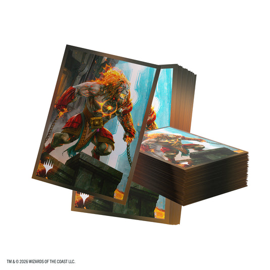Magic: The Gathering | Reality Fracture Premium Art Sleeves - Ajani, Path of Vengeance - View of stack of card sleeves featuring art of Ajani with the Magic the Gathering logo in the corner.