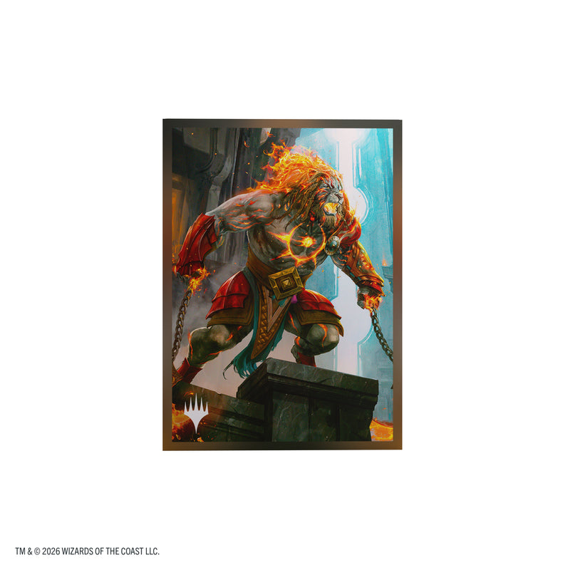 Load image into Gallery viewer, Magic: The Gathering | Reality Fracture Premium Art Sleeves - Ajani, Path of Vengeance - View of card sleeve featuring art of Ajani with the Magic the Gathering logo in the corner.
