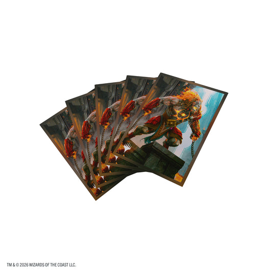 Magic: The Gathering | Reality Fracture Premium Art Sleeves - Ajani, Path of Vengeance - View of fan of card sleeves featuring art of Ajani with the Magic the Gathering logo in the corner.