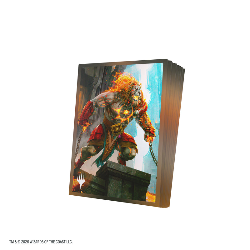 Load image into Gallery viewer, Magic: The Gathering | Reality Fracture Premium Art Sleeves - Ajani, Path of Vengeance - View of stack of card sleeves featuring art of Ajani with the Magic the Gathering logo in the corner.
