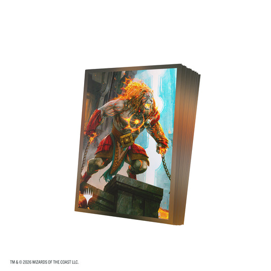 Magic: The Gathering | Reality Fracture Premium Art Sleeves - Ajani, Path of Vengeance - View of stack of card sleeves featuring art of Ajani with the Magic the Gathering logo in the corner.