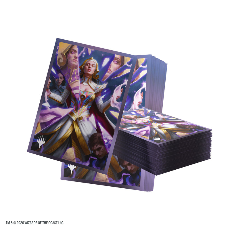 Load image into Gallery viewer, Magic: The Gathering | Reality Fracture Premium Art Sleeves - Return to the Light Realms - View of pile of card sleeves featuring art of characters and a fractured mirror with the Magic the Gathering log in the corner.
