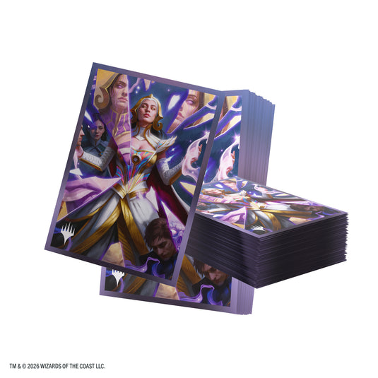 Magic: The Gathering | Reality Fracture Premium Art Sleeves - Return to the Light Realms - View of pile of card sleeves featuring art of characters and a fractured mirror with the Magic the Gathering log in the corner.