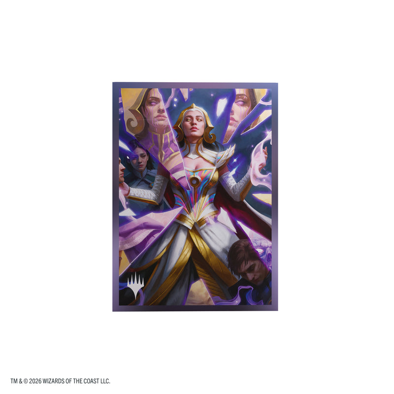Load image into Gallery viewer, Magic: The Gathering | Reality Fracture Premium Art Sleeves - Return to the Light Realms - View of card sleeve featuring art of characters and a fractured mirror with the Magic the Gathering log in the corner.
