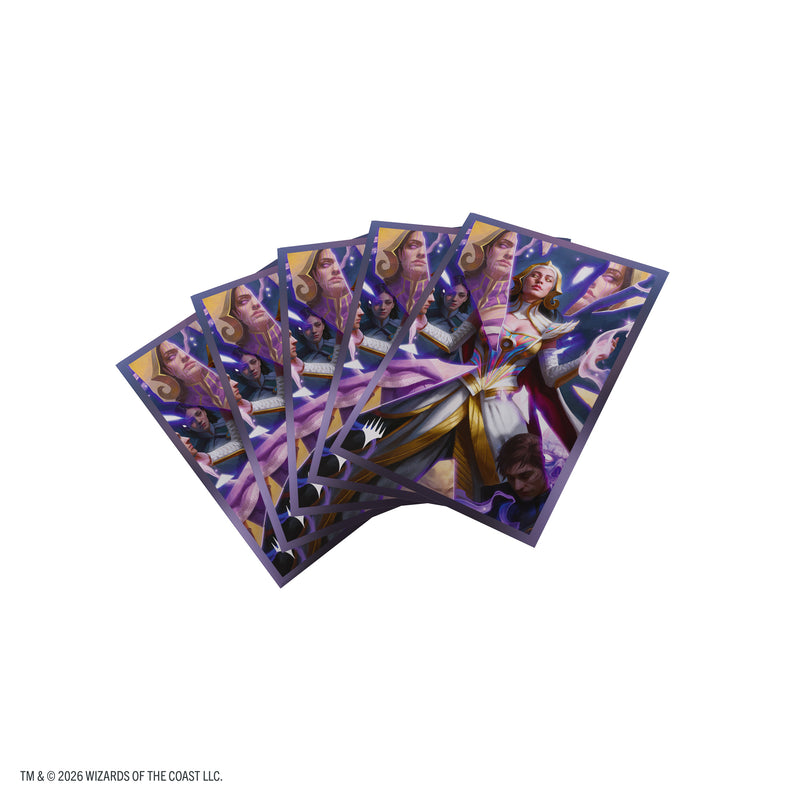 Load image into Gallery viewer, Magic: The Gathering | Reality Fracture Premium Art Sleeves - Return to the Light Realms - View of fan of card sleeves featuring art of characters and a fractured mirror with the Magic the Gathering log in the corner.
