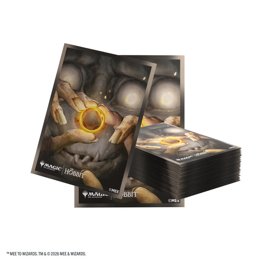 Magic: The Gathering | The Hobbit Premium Art Sleeves - My Precious - View of card sleeves featuring art of Gollum looking at The One Ring with Matic the Gathering and The Hobbit branding in the corner.