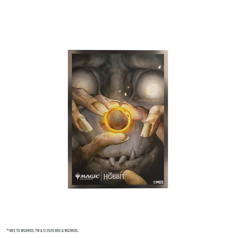 Load image into Gallery viewer, Magic: The Gathering | The Hobbit Premium Art Sleeves - My Precious - View of card sleeve featuring art of Gollum looking at The One Ring with Matic the Gathering and The Hobbit branding in the corner.
