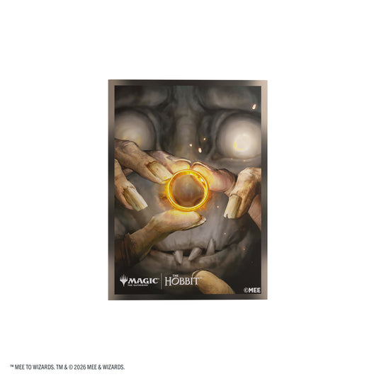 Magic: The Gathering | The Hobbit Premium Art Sleeves - My Precious - View of card sleeve featuring art of Gollum looking at The One Ring with Matic the Gathering and The Hobbit branding in the corner.