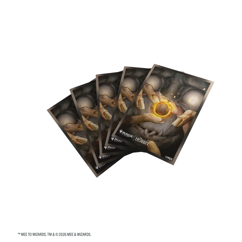 Load image into Gallery viewer, Magic: The Gathering | The Hobbit Premium Art Sleeves - My Precious - View of card sleeves featuring art of Gollum looking at The One Ring with Matic the Gathering and The Hobbit branding in the corner.
