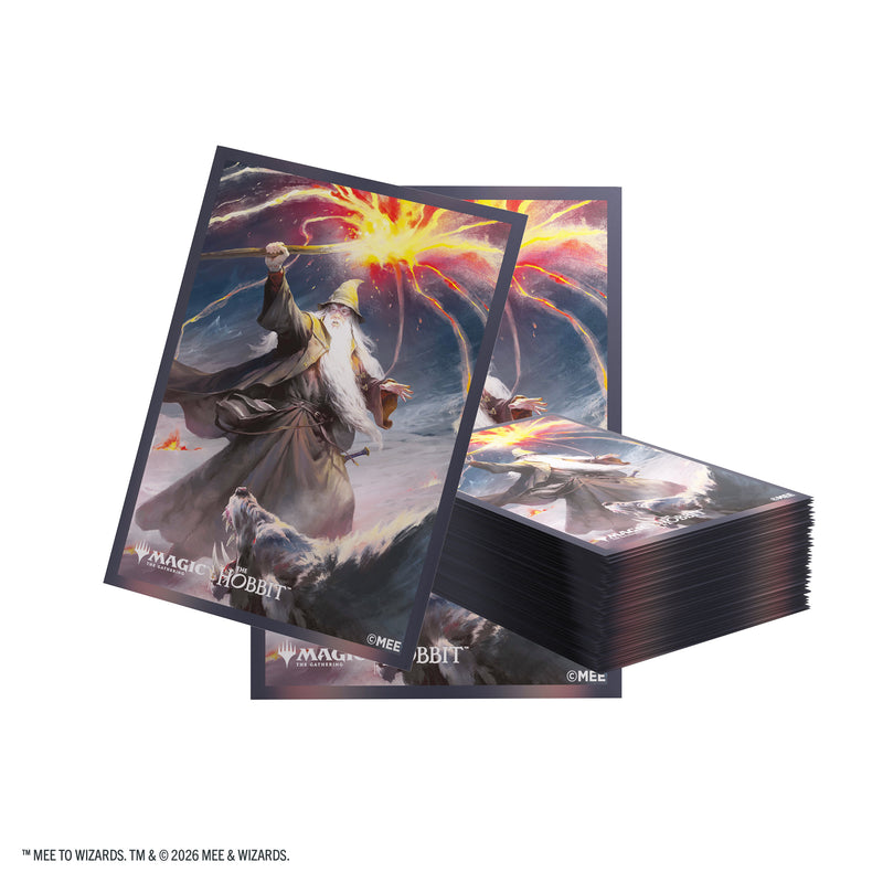 Load image into Gallery viewer, Magic: The Gathering | The Hobbit Premium Art Sleeves - Gandalf, Shadow's Foe - View of card sleeves featuring art of Gandalf with Magic the Gathering and The Hobbit branding in the corner. 
