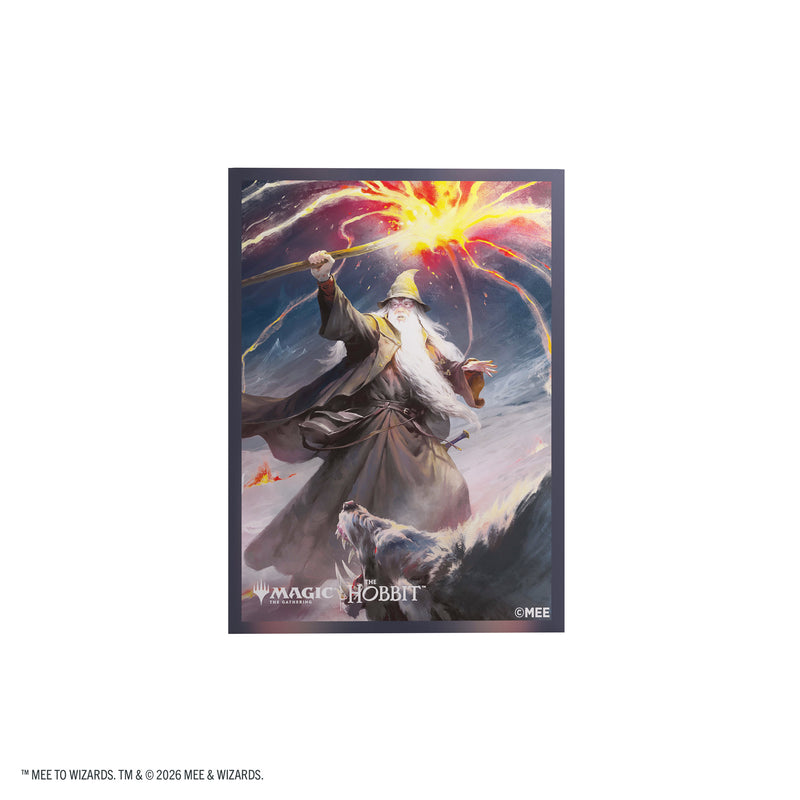 Load image into Gallery viewer, Magic: The Gathering | The Hobbit Premium Art Sleeves - Gandalf, Shadow's Foe - View of card sleeve featuring art of Gandalf with Magic the Gathering and The Hobbit branding in the corner. 
