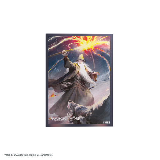 Magic: The Gathering | The Hobbit Premium Art Sleeves - Gandalf, Shadow's Foe - View of card sleeve featuring art of Gandalf with Magic the Gathering and The Hobbit branding in the corner. 