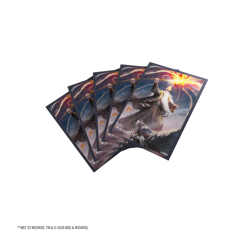 Load image into Gallery viewer, Magic: The Gathering | The Hobbit Premium Art Sleeves - Gandalf, Shadow's Foe - View of card sleeves featuring art of Gandalf with Magic the Gathering and The Hobbit branding in the corner. 
