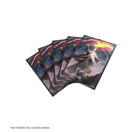Magic: The Gathering | The Hobbit Premium Art Sleeves - Gandalf, Shadow's Foe - View of card sleeves featuring art of Gandalf with Magic the Gathering and The Hobbit branding in the corner. 