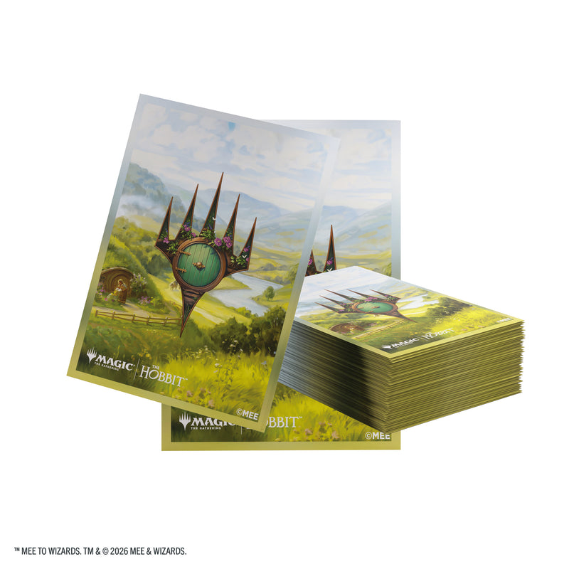 Load image into Gallery viewer, Magic: The Gathering | The Hobbit Premium Art Sleeves - The Shire - View of card sleeves featuring art of The Shire and the Magic the Gathering logo. 
