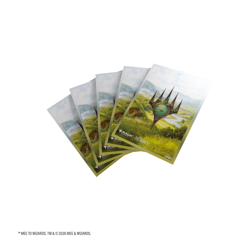 Load image into Gallery viewer, Magic: The Gathering | The Hobbit Premium Art Sleeves - The Shire - View of card sleeves featuring art of The Shire and the Magic the Gathering logo. 
