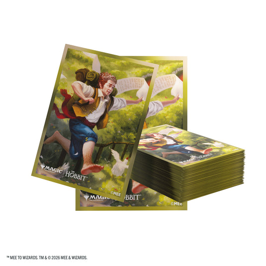 Magic: The Gathering | The Hobbit Premium Art Sleeves - On an Adventure - View of card sleeves featuring art of Bilbo Baggins and Magic the Gathering logo. 