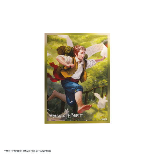 Magic: The Gathering | The Hobbit Premium Art Sleeves - On an Adventure - View of card sleeves featuring art of Bilbo Baggins and Magic the Gathering logo. 