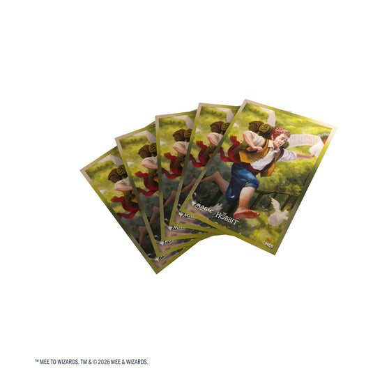 Magic: The Gathering | The Hobbit Premium Art Sleeves - On an Adventure - View of card sleeves featuring art of Bilbo Baggins and Magic the Gathering logo. 