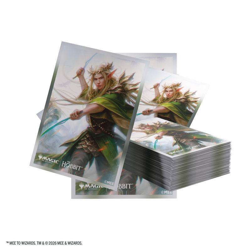 Load image into Gallery viewer, Magic: The Gathering | The Hobbit Premium Art Sleeves - Thranduil, Sindarin Liege - View of card sleeves featuring art of Thranduil and Magic the Gathering branding in the corner. 
