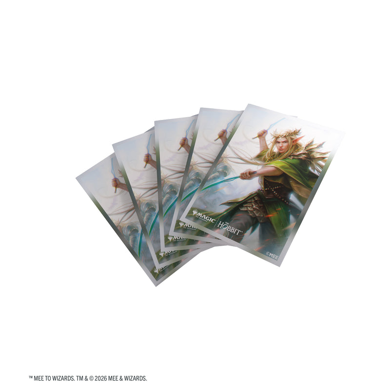 Load image into Gallery viewer, Magic: The Gathering | The Hobbit Premium Art Sleeves - Thranduil, Sindarin Liege - View of card sleeves featuring art of Thranduil and Magic the Gathering branding in the corner. 
