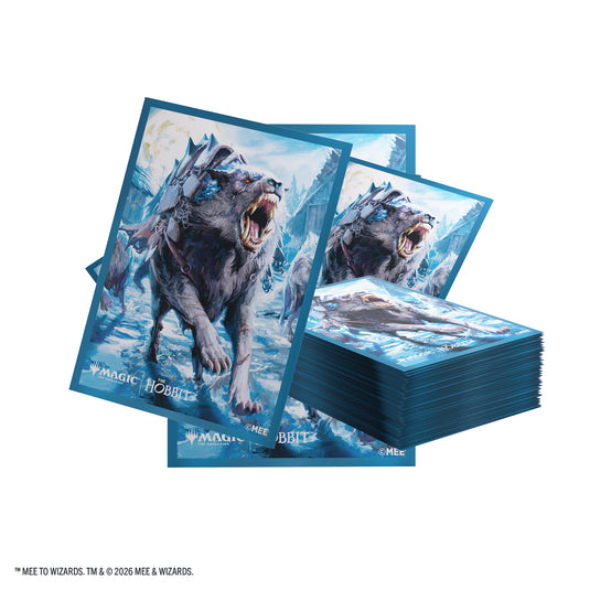 Magic: The Gathering | The Hobbit Premium Art Sleeves - Head of the Hunt - View of card sleeves featuring art of a snarling wolf in an icy landscape. 