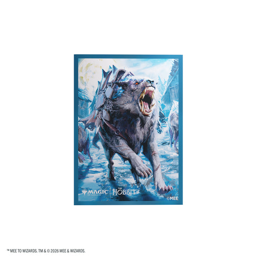 Magic: The Gathering | The Hobbit Premium Art Sleeves - Head of the Hunt - View of card sleeves featuring art of a snarling wolf in an icy landscape. 