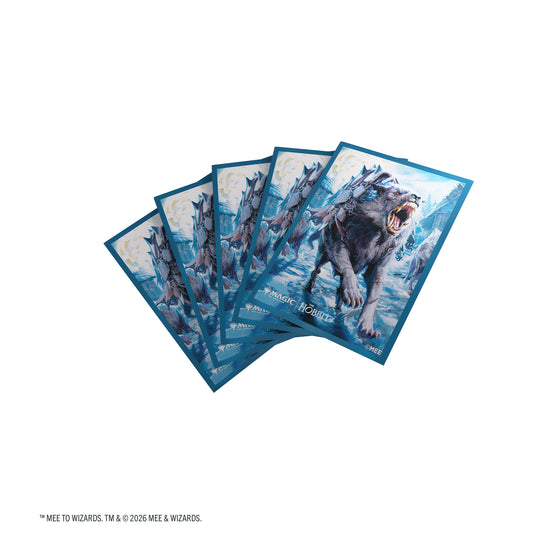 Magic: The Gathering | The Hobbit Premium Art Sleeves - Head of the Hunt - View of card sleeves featuring art of a snarling wolf in an icy landscape. 