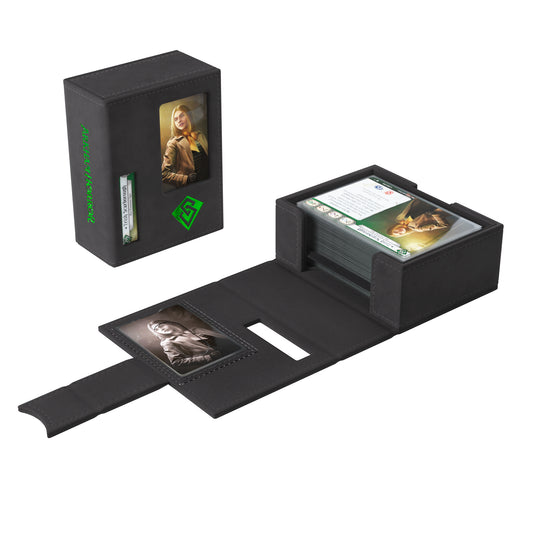 Arkham Horror: Deck Tome - New Edition Green - box with compartment in front filled with Arkham Horror The Card Game cards.