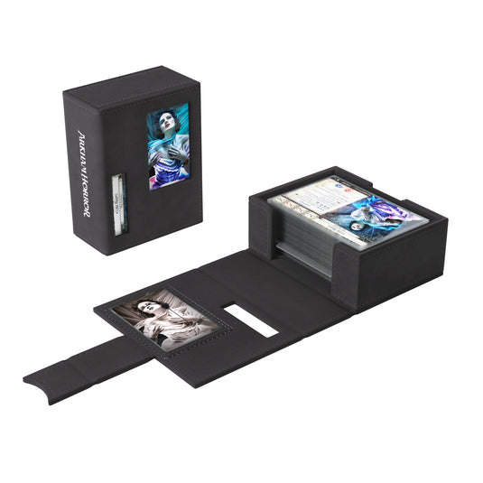Black deck tome with 'Arkham Horror' in silver on the side of the box. In front of the deck tome box is the inner compartment for cards with game cards inside.
