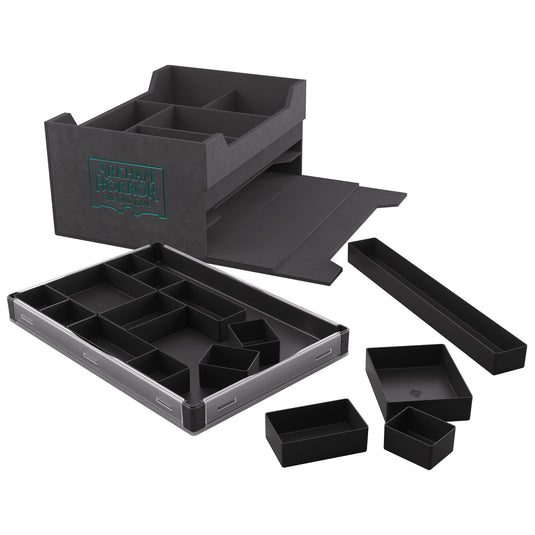 Image of black Arkham Horror: Game Night Chest set with compartments displayed in front of the box