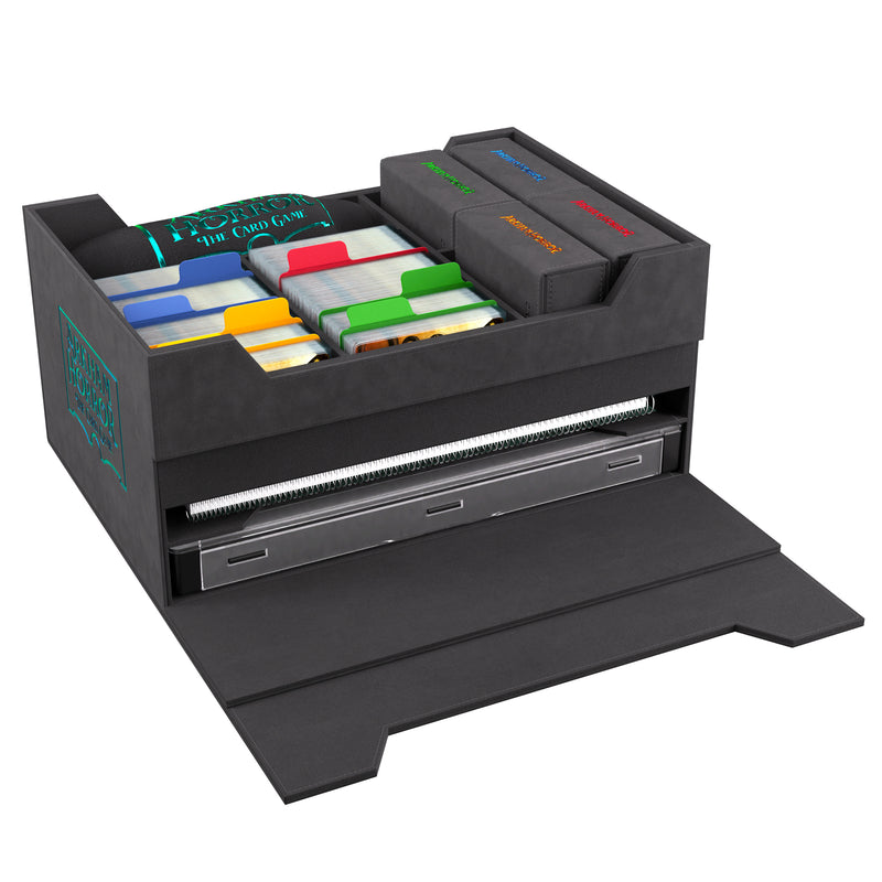 Load image into Gallery viewer, Image of open Arkham Horror: Game Night Chest filled with cards and game components
