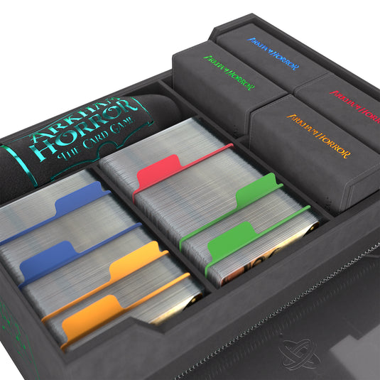 Image of open Arkham Horror: Game Night Chest filled with cards and game components