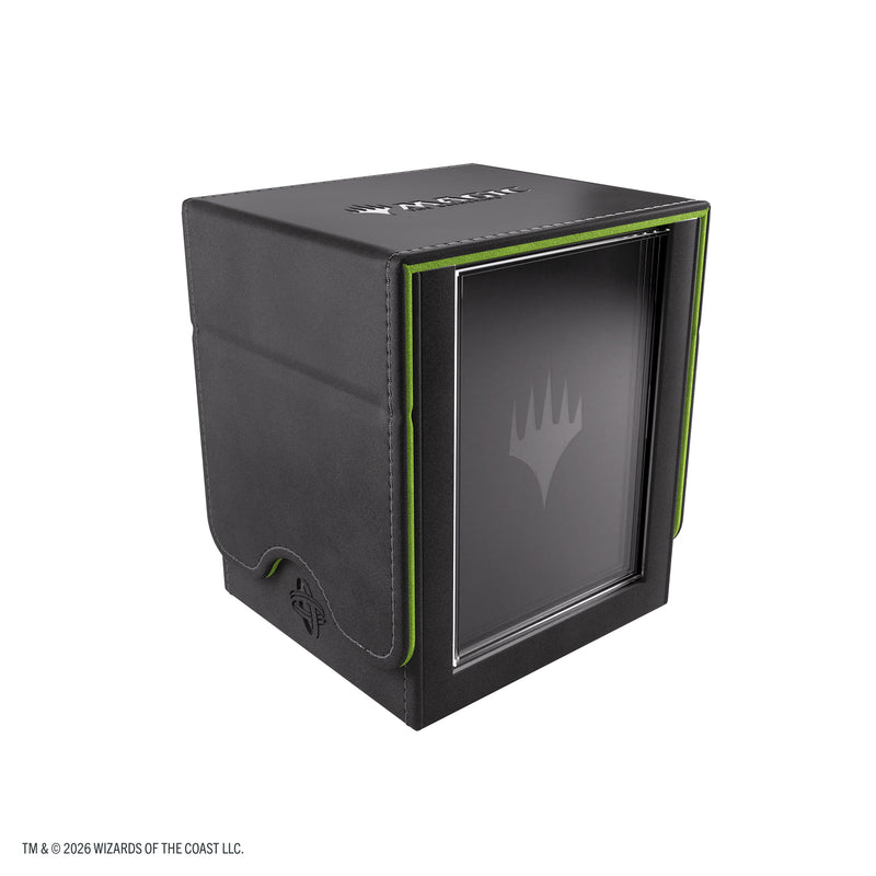 Load image into Gallery viewer, Magic: The Gathering | Secrets of Strixhaven Squire PLUS 100+ XL - Black/Green - view of front of black and green deck box with Magic: The Gathering Logo on the side.
