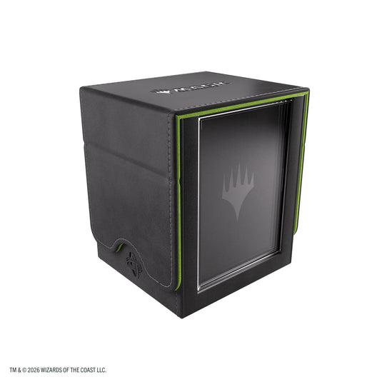 Magic: The Gathering | Secrets of Strixhaven Squire PLUS 100+ XL - Black/Green - view of front of black and green deck box with Magic: The Gathering Logo on the side.