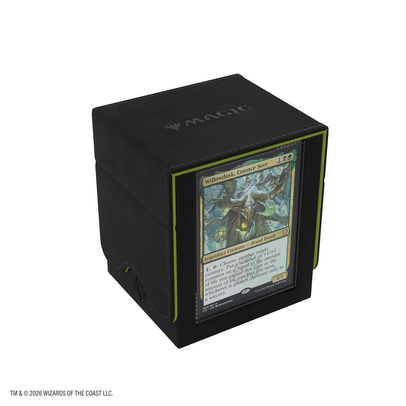 Load image into Gallery viewer, Magic: The Gathering | Secrets of Strixhaven Squire PLUS 100+ XL - Black/Green - view of back of black and green deck box and slide card case with sample card inside. 
