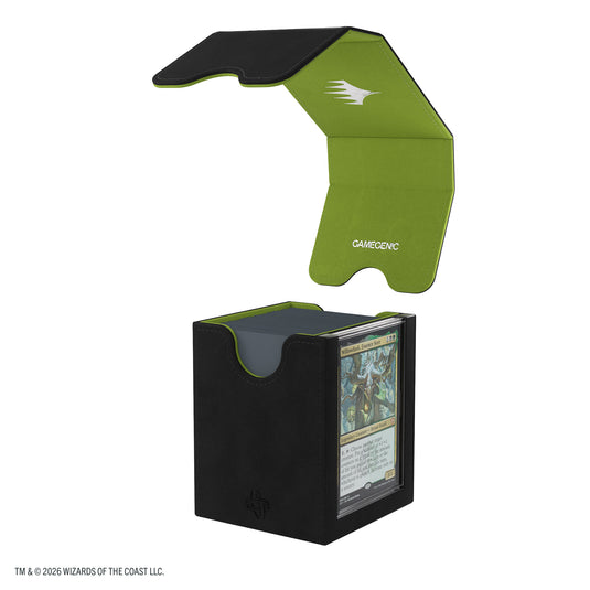 Magic: The Gathering | Secrets of Strixhaven Squire PLUS 100+ XL - Black/Green- view of open deck box with top detached filled with sample cards.