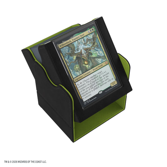 Magic: The Gathering | Secrets of Strixhaven Squire PLUS 100+ XL - Black/Green - view of deck box set in detachable top as a card holder. 