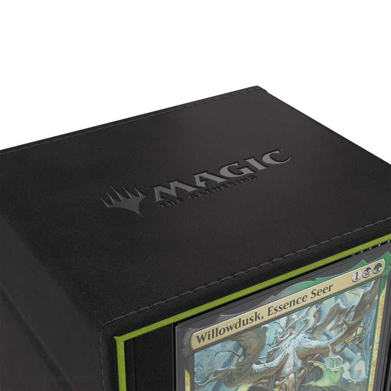 Load image into Gallery viewer, Magic: The Gathering | Secrets of Strixhaven Squire PLUS 100+ XL - Black/Green - view of top of deck box showing Magic: The Gathering branding. 

