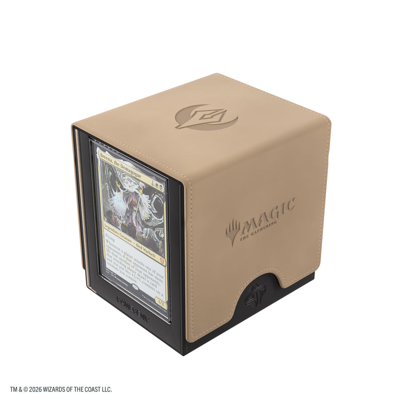 Load image into Gallery viewer, Magic: The Gathering | Secrets of Strixhaven Sidekick PRO 100+ XL - Silverquill - view of deck box with sample card shown in slide card holder. 
