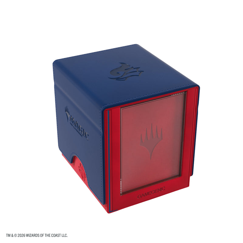 Load image into Gallery viewer, Magic: The Gathering | Secrets of Strixhaven Sidekick PRO 100+ XL - Prismari - view of front of blue and red deck box with Magic the Gathering branding. 
