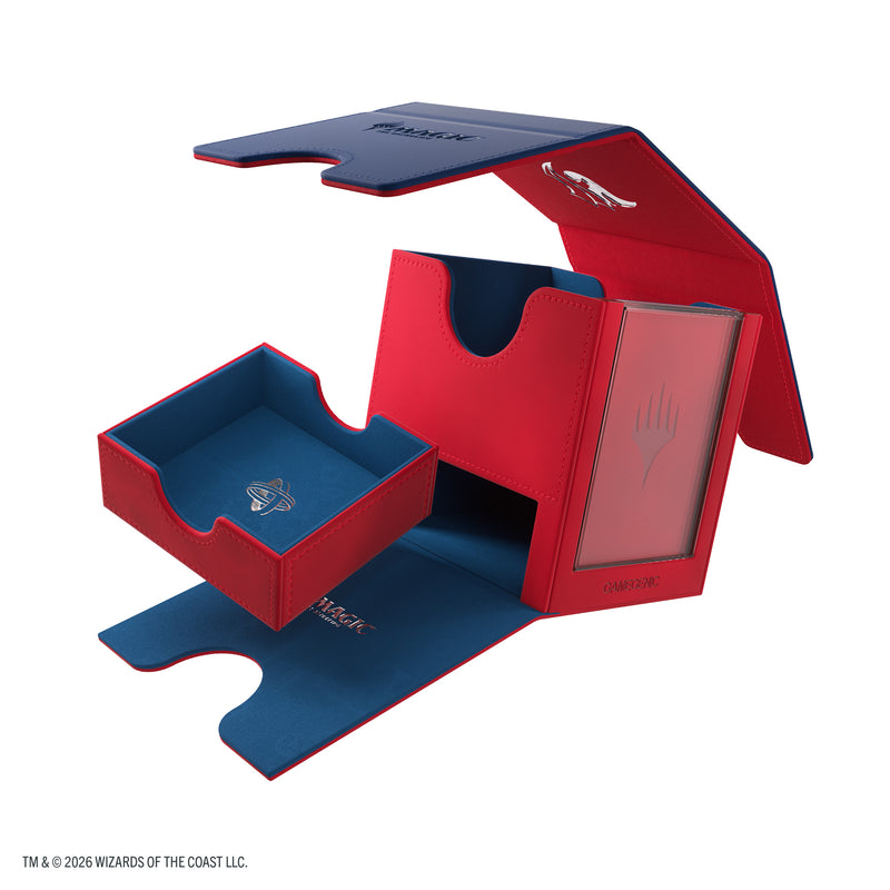 Load image into Gallery viewer, Magic: The Gathering | Secrets of Strixhaven Sidekick PRO 100+ XL - Prismari - view of open deck box with storage drawer and detached lid. 
