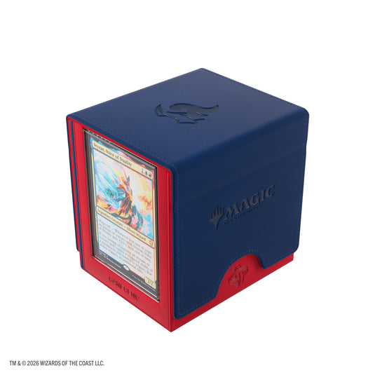Magic: The Gathering | Secrets of Strixhaven Sidekick PRO 100+ XL - Prismari - view of back of deck box with sample card inside slide card holder.