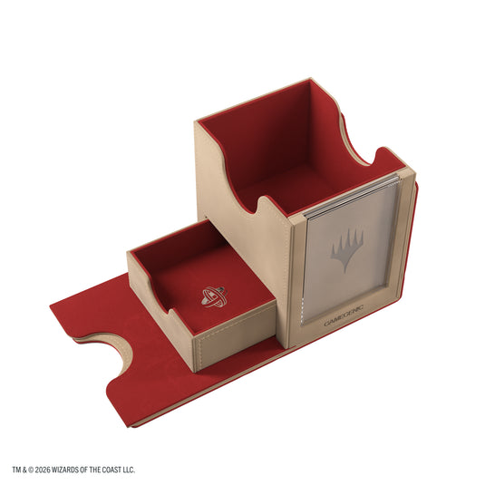 Magic: The Gathering | Secrets of Strixhaven Sidekick PRO 100+ XL - Lorehold - view of open red and beige deck box showing storage drawer. 