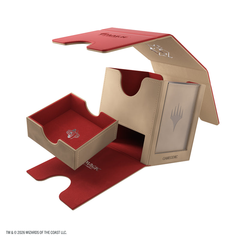 Load image into Gallery viewer, Magic: The Gathering | Secrets of Strixhaven Sidekick PRO 100+ XL - Lorehold - view of open deck box with storage drawer removed and detachable top. 
