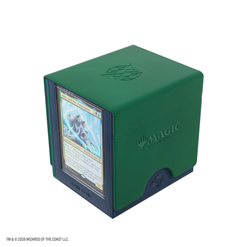 Load image into Gallery viewer, Magic: The Gathering | Secrets of Strixhaven Sidekick PRO 100+ XL - Quandrix - view of back of box with sample card inside slide card case.
